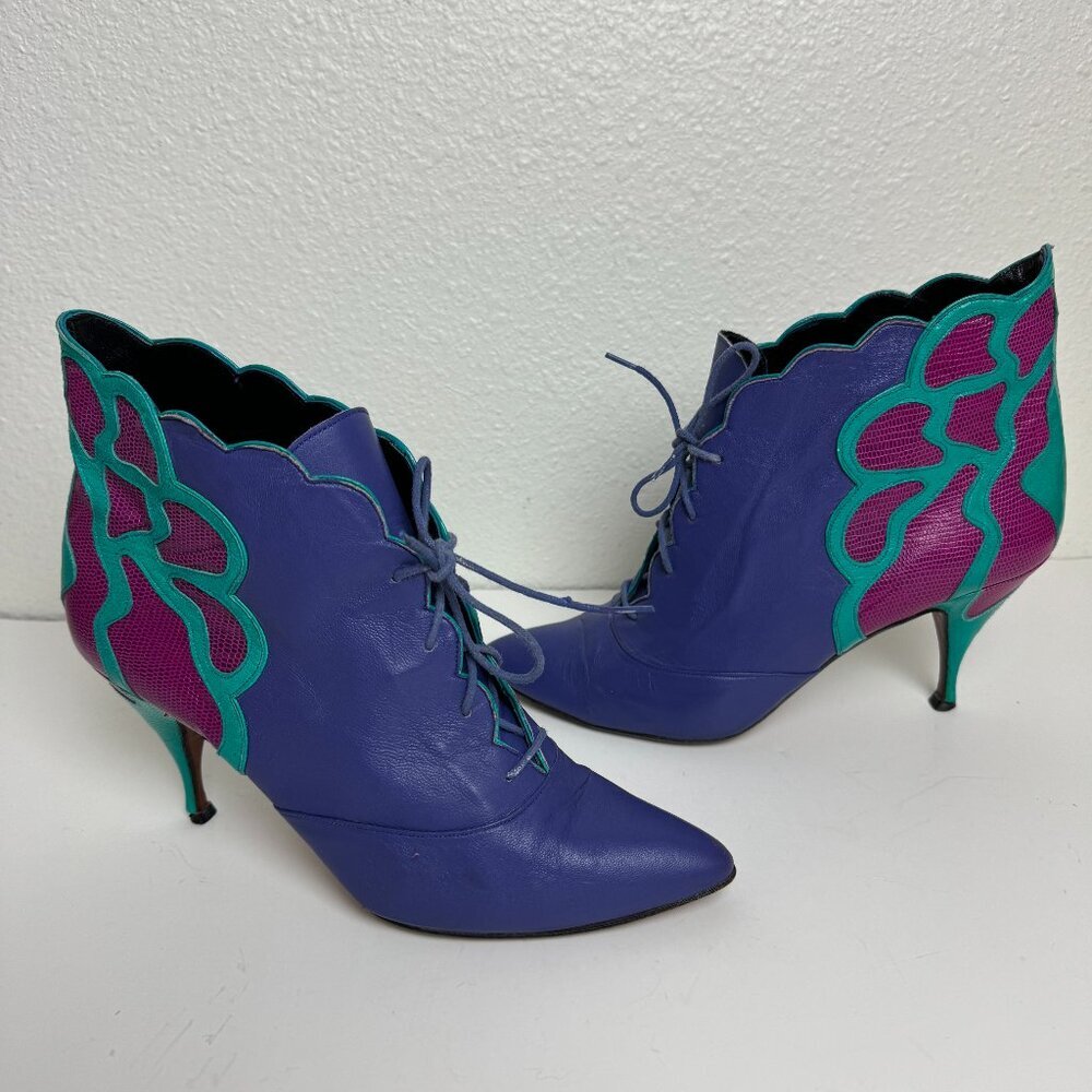 Beverly Feldman Heeled Boots Lace up Colorblock Purple Soft Leather Sz 7.5